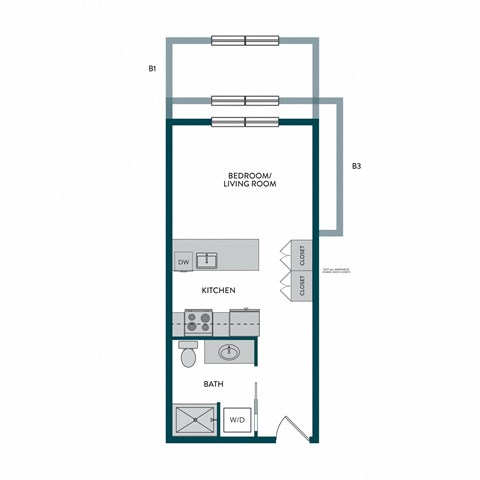 Floor plan for studio, 1 bath, 472 sqft